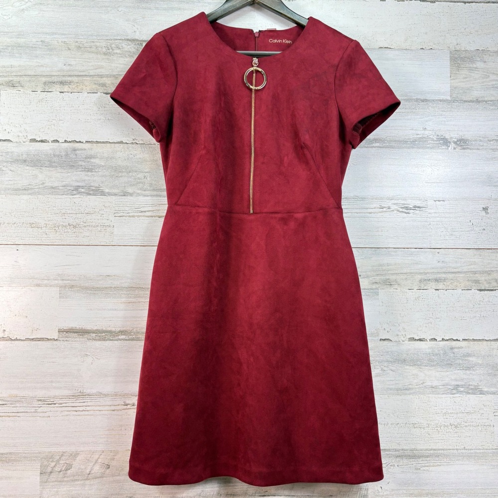Calvin Klein Womens Burgundy Faux Suede Ring Zip Sheath Dress 6 Office Career